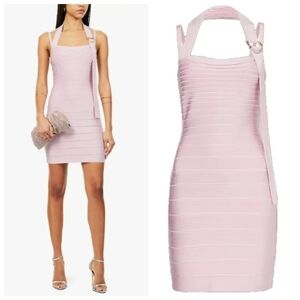 New Hervé Léger Dani Bandage Halterneck Rose Quartz Mini Dress Large NWT